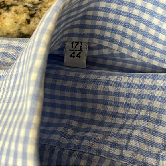 Saks Fifth Avenue Button Down Shirt Mens 17.5 Custom Made Blue Checkered Gingham - Picture 9 of 11